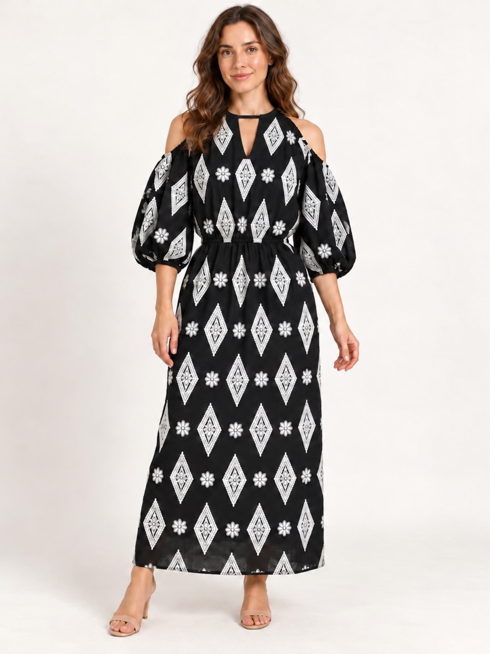 Nola Black Maxi Dress with White Geometric Print